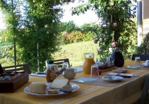 Petit déjeuner en terrasse, vue sur le jardin, "Aux 4 saisons" en Ariège Pyrénées